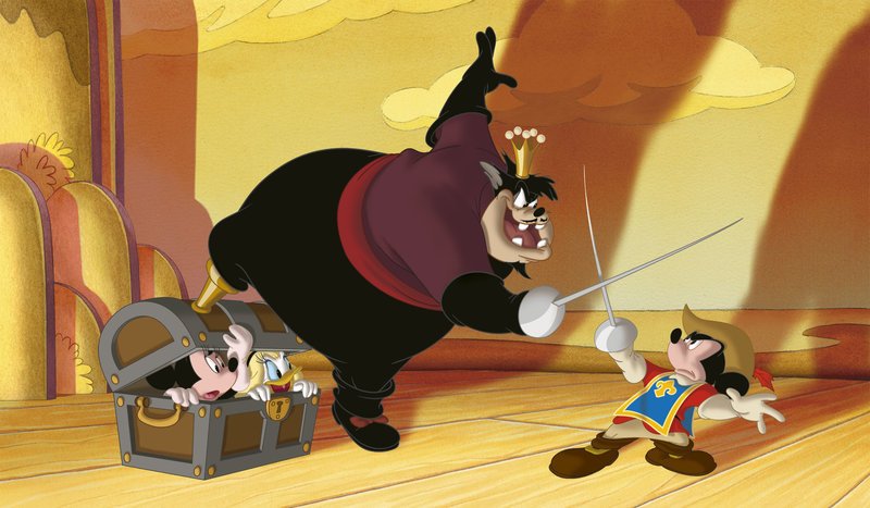 Micky (re.) kämpft mutig gegen Karlo um Daisy und Minnie (li.) zu beschützen. – Bild: TV Puls