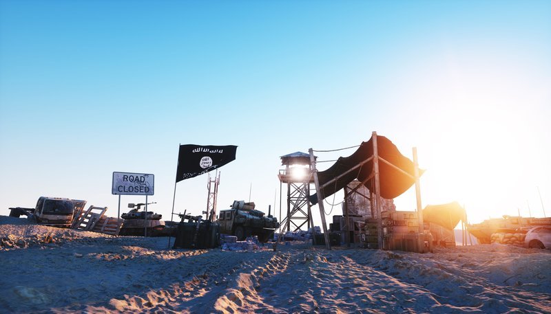 ISIS flag on terrorist headquarters. Desert landscape. Terrorism concept. 3d rendering – Bild: depositphotos
