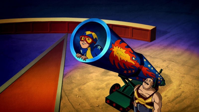 Velma soll mit Hilfe einer Kanone in die Luft geschossen werden. – Bild: Super RTL