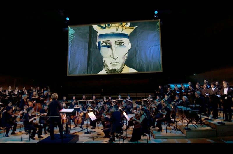 Maßgeblich zur Wirkung der Aufführung des Mozart-Werks „Thamos, König in Ägypten“ trägt die reizvolle Mischung aus Video, Grafik und Live-Animation von Yannis Kokkos bei, die das musikalische Geschehen untermalt. – Bild: arte