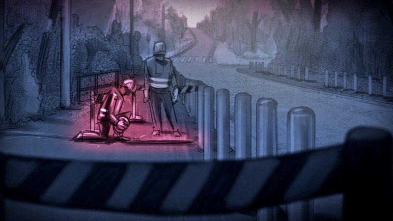 Szene im Comic-Stil: Als Bauarbeiter getarnte Terroristen verlegten einen Sprengdraht im Gehweg, an den sie später den Sprengsatz für die Bombe anschlossen. – Bild: ZDF und Peter Ederer. Szene im Comic-Stil: Als Bauarbeiter getarnte Terroristen verlegten einen Sprengdraht im Gehweg, an den sie später den Sprengsatz für die Bombe anschlossen. – Bild: ZDF und Peter Ederer.