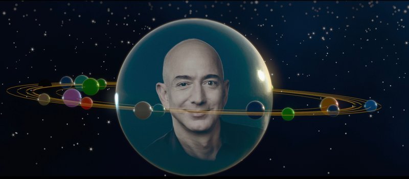 Jeff Bezos, Gründer und Chef des Handelsriesen Amazon, schafft ein Amazon-Universum und startet alsbald ins All. – Bild: ZDF und Adrien Pinon/​Thomas Lafarge.