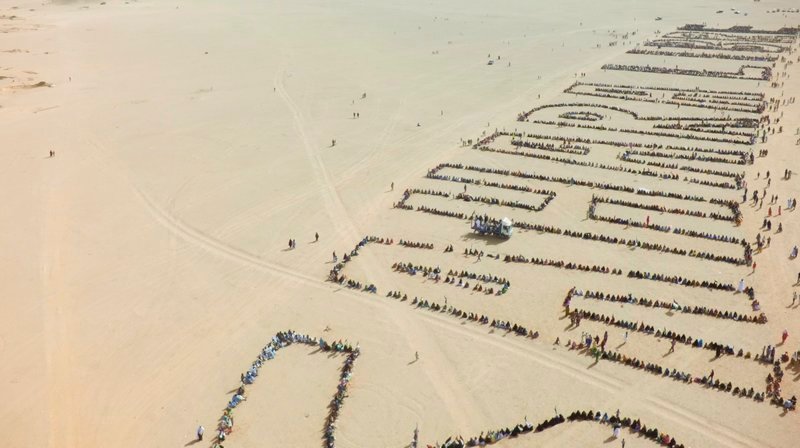 Algerien, West Sahara Flüchtlingslager, Tindouf Region: das Human Arts Projekt „Sahara Libre“ – rund 8000 Menschen, West Sahara Flüchtlinge aus den nahe liegenden Lagern, waren für diese friedliche Protest Aktion zusammen gekommen, um der Welt auf ihre Art eine Nachricht zu senden : Sahara Libre – Befreit Sahara – Freiheit für Sahara – Bild: WDR/​Levine Film GmbH/​O2 Filmes