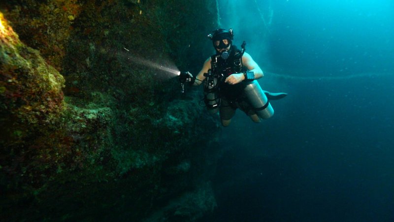 LONG ISLAND, THE BAHAMAS- Contributor Dr. Tom Iliffe swimming around ring of the Blue Hole. (Photo Credit: Mallinson Sadler Productions/Dan Stevenson) – Bild: National Geographic Channel LONG ISLAND, THE BAHAMAS- Contributor Dr. Tom Iliffe swimming around ring of the Blue Hole. (Photo Credit: Mallinson Sadler Productions/Dan Stevenson) – Bild: National Geographic Channel