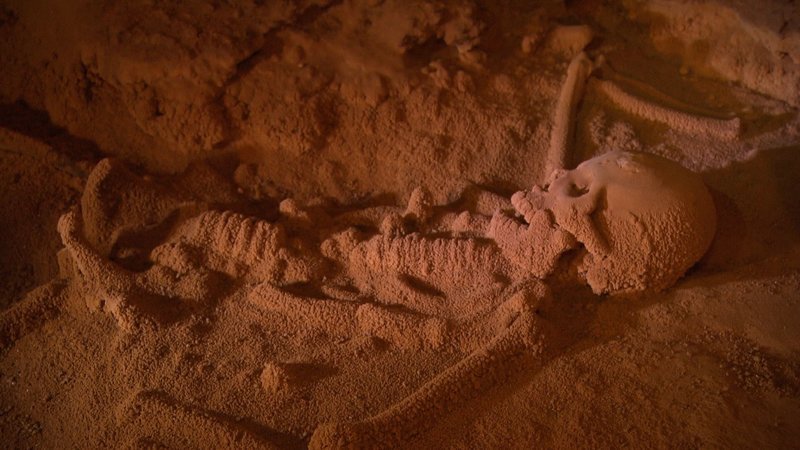 LÄNDER – MENSCHEN – ABENTEUER, „Die Mayaroute: Belize“, Ein Skelet eines 17-jährigen Jungen, der von den Maya geopfert wurde. Man hat ihn unterhalb der Brust aufgeschnitten, um das Herz heraus zu holen. Einer von vielen, die in der Höhle Actun Tunichil Muknal im Norden von Belize besichtigt werden können. Die Opferstätte der Maya ist intakt, so wie sie gefunden wurde. – Bild: ZDF und SWR