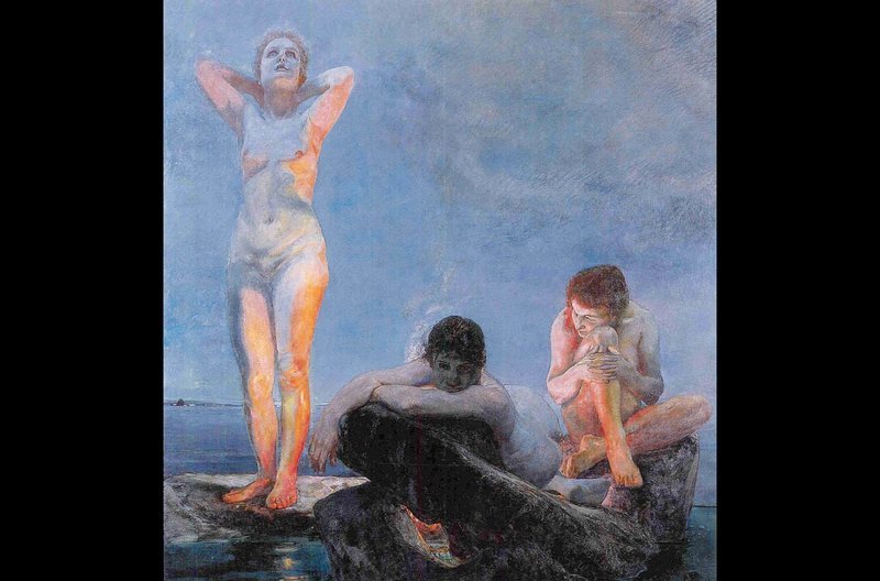 Auf Max Klingers Gemälde „Die blaue Stunde“ sind drei nackte, natürlich wirkende Frauen in der Dämmerung, der blauen Stunde, abgebildet. – Bild: arte