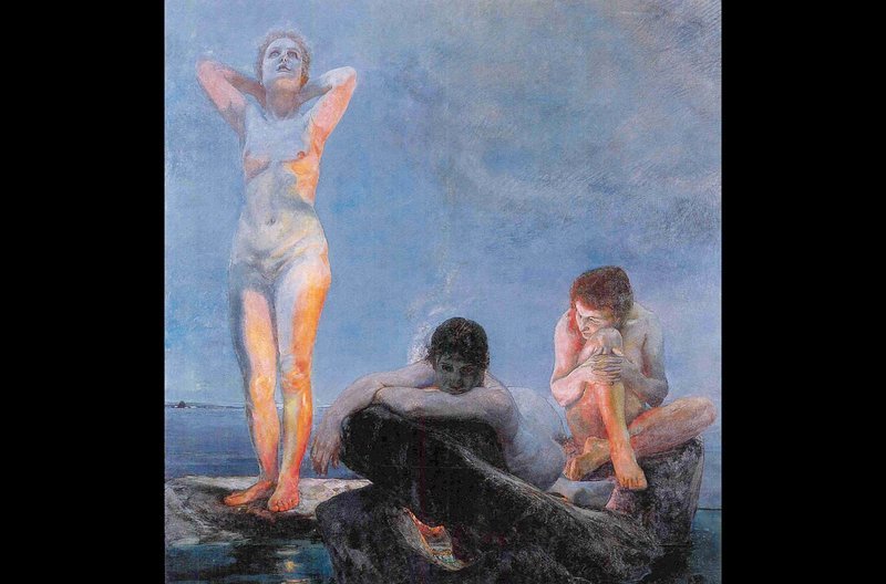 Auf Max Klingers Gemälde „Die blaue Stunde“ sind drei nackte, natürlich wirkende Frauen in der Dämmerung, der blauen Stunde, abgebildet. – Bild: arte Auf Max Klingers Gemälde „Die blaue Stunde“ sind drei nackte, natürlich wirkende Frauen in der Dämmerung, der blauen Stunde, abgebildet. – Bild: arte