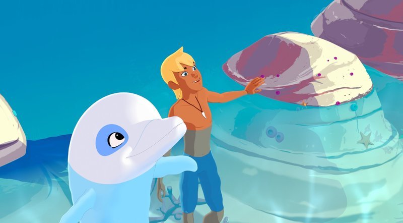 Zoom, der weiße Delfin, und sein bester Freund Yann. Die beiden freuen sich, weil sie Yanns kleine Schwester Marina entdeckt haben. – Bild: ZDF/​Media Valley/​Marzipan Films/​TF1/​Gaumont Animation