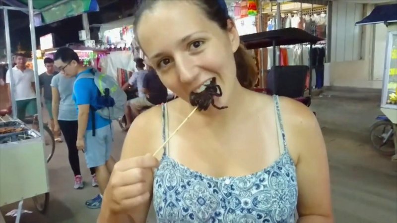 Yasmine Cherif probiert auf ihrer Kambodscha-Reise eine geröstete Tarantel am Spieß: „Schmeckt nach Sojasoße“. Spricht’s – und verschlingt das Tier mit Haut und Haar. – Bild: N24 Doku