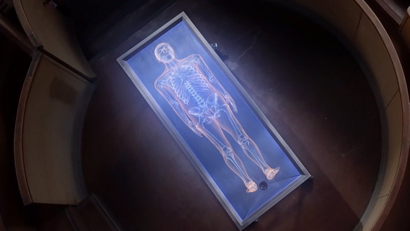 Am Computer rekonstruiertes Skelett des Neandertalers einschließlich Umriss des Körpers. – Bild: ZDF und Shashar Alfie./​Shashar Alfie