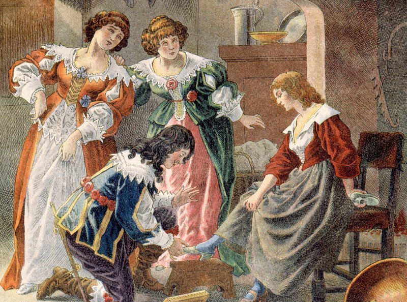 „Drei Nüsse für Aschenbrödel/​Aschenputtel“: Auf viele Arten erzählt wird die Mär vom armen Kind, das von Stiefmutter und Schwestern in die Küche verbannt und dank eines verlorenen Schuhs zur Prinzessin wird. (Archivfoto ,Farbdruck nach Zeichnung von Frederic Theodore Lix (1830⁠–⁠1897).) – Bild: WDR/​akg-images