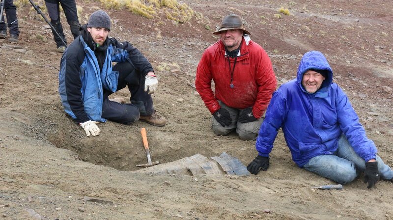 Das Paläontologen-Team bei der Arbeit. Manfred Vogt, Eberhard Frey und Wolfgang Stinnesbeck (v.l.n.r.) graben nach Dinosaurierknochen im Süden der chilenischen Anden. – Bild: ZDF und Anja Kindler