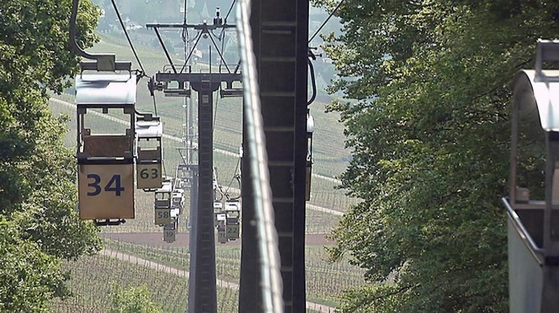 Hoch über dem Rheingau – mit der Seilbahn unterwegs zum Niederwalddenkmal. – Bild: HR
