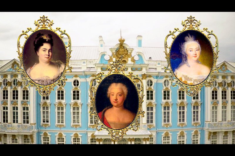 Drei Schlossherrinnen haben den Katharinenpalast nach ihren jeweils eigenen Vorstellungen umgestaltet: zunächst Katharina I. (li.), dann ihre Tochter Elisabeth (re.) und schließlich Katharina II., genannt „die Große“ (Mi.). – Bild: ARTE France 