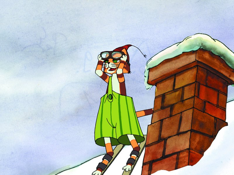 Wenn kein Berg da ist, fährt Findus eben das schneebedeckte Dach hinab. – Bild: ZDF und TV Loonland