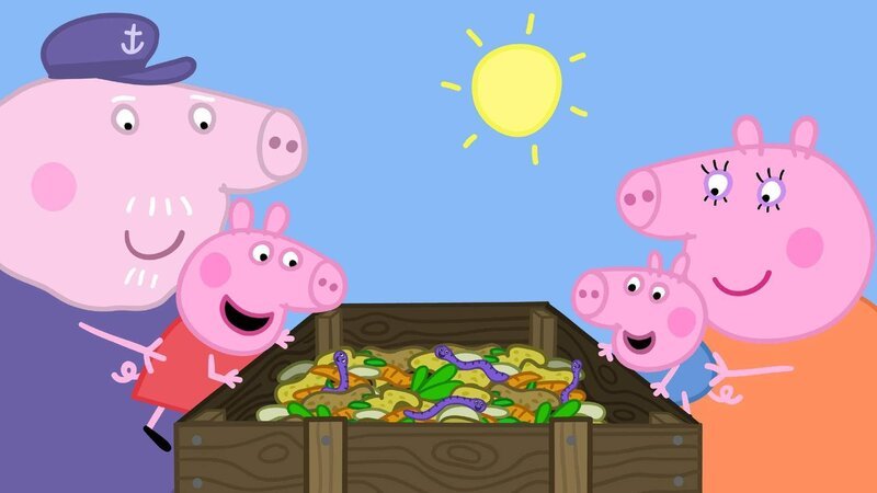 Opa Wutz, Peppa, Schorsch und Oma Wutz (v.l.) betrachten das Treiben im Komposthaufen. So lernen Peppa und Schorsch viel über die Natur. – Bild: SUPER RTL