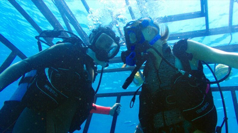 Lisa und Kate (Mandy Moore; Claire Holt) machen eine Tauchfahrt in einem Haikäfig. Doch der Unterwasser-Trip wird zum ultimativen Alptraum, als das Sicherungsseil reißt und der Käfig 47 Meter in die Tiefe rauscht … – Bild: RTL Zwei