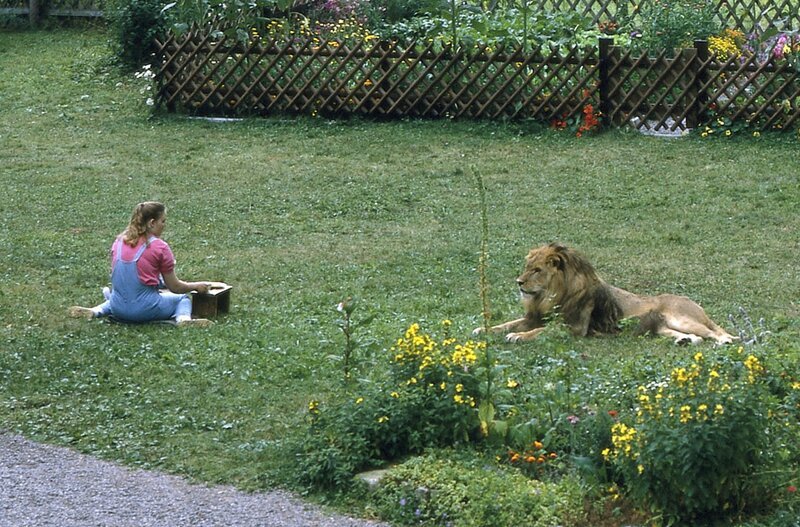 Angie (Angelika Reißner) hat sich mit dem Löwen von einem Wanderzirkus angefreundet. Sie findet es ganz normal, dass sie der Löwe plötzlich in Brinkmanns Garten besucht. – Bild: ZDF und Thomas Waldhelm.