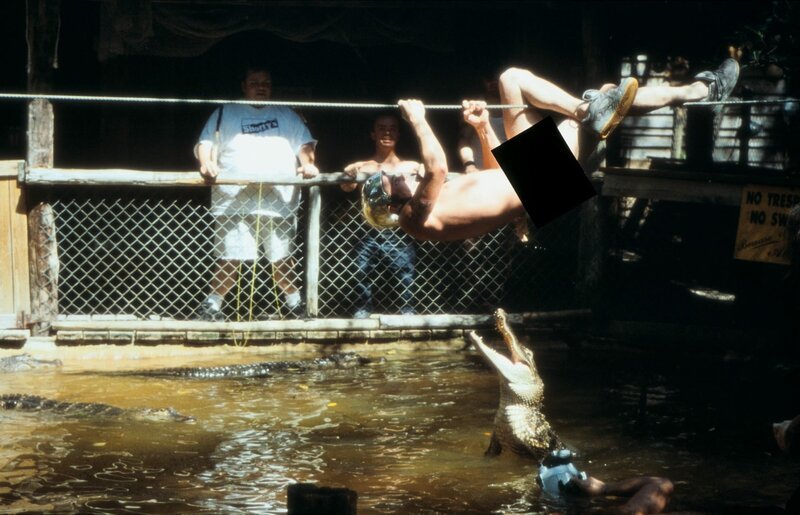 Steve-O hangelt sich über ein Seil und versucht, auf die andere Seite des Geheges zu kommen. Er selbst ist mit Ködern versehen, um die hungrigen Alligatoren im Käfig anzulocken. – Bild: ZDF und Paramount.
