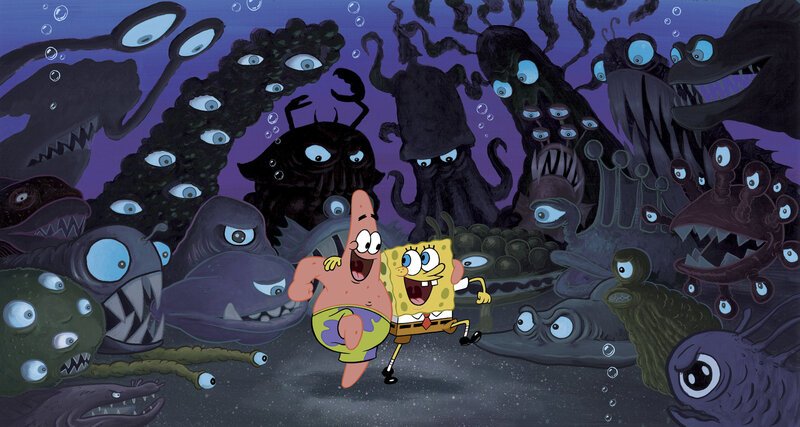 Selbst die gruseligsten Meeresbewohner können die gute Laune von Patrick (l.) und Spongebob (r.) nicht trüben … – Bild: Puls 8