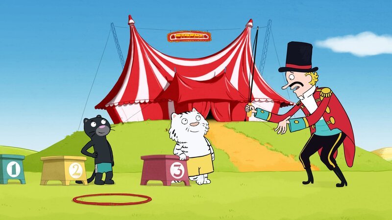 Der Trainer (r.) predigt seinen beiden Raubkatzen Lucky (l.) und Pascha (M.), dass man Zirkusnummern unbedingt üben muss, bis sie im Schlaf klappen. – Bild: ZDF und © JEP-Animation GmbH.