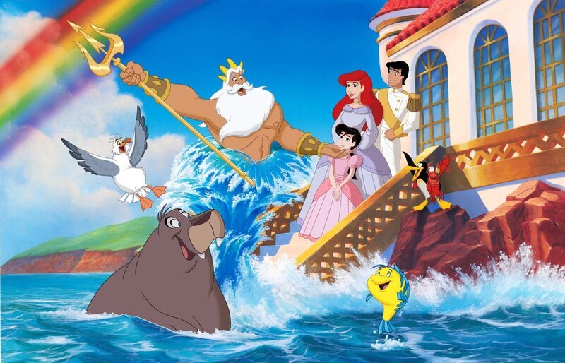 From right: Eric, Arielle, Melody, King Triton and Tip, Dash, Flounder and Scuttle. – Bild: Disney