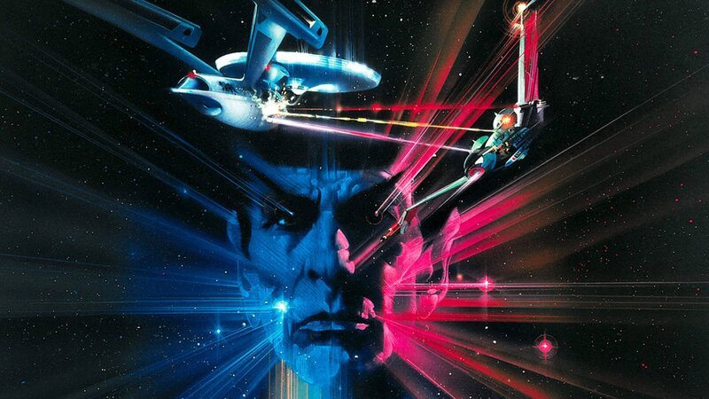 Plakatmotiv zum Film mit Raumschiffen und einem stilisierten Bild von Captain Spock (Leonard Nimoy). – Bild: ZDF und Paramount Pictures./​Paramount Pictures