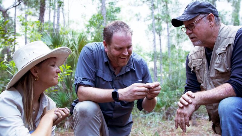 Josh Gates, Chessy Rica, and Steve Carr find some old coins in a secret location in Fruta. – Bild: Discovery Channel. /​ Discover images. /​ © 2022 Warner Bros. Discovery, Inc. or its subsidiaries and affiliates. All rights reserved.