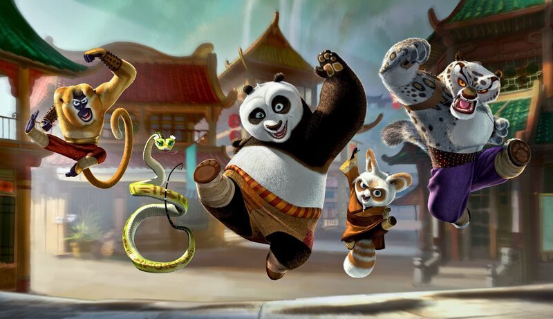Unerwartet wird er ausgewählt, um eine alte Prophezeiung zu erfüllen. Doch dafür muss der große Panda Po (M.) eine alte Kampfkunst erlernen. Mit von der Partie sind seine Freunde, die „Furiosen Fünf“ (v.l.n.r.): Affe, Schlange, Shifu, Tiger. – Bild: ORF/​Telepool/​Dreamworks