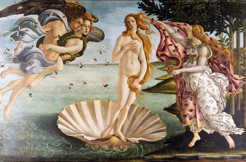 „Die Geburt der Venus“ in den Uffizien in Florenz: Auf dem Gemälde aus dem 15. Jahrhundert bedeckt sich Botticellis Venus mit ihrem eigenen Haar. – Bild: ARTE F /​ © Harbor Films /​ © Harbor Films