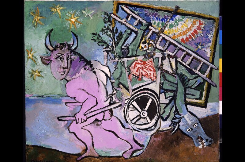 In „Minotaure à la carriole“ (deutsch: „Minotaurus mit einem Wagen“) von 1933 zieht Picassos Kunstfigur Minotaurus den Wagen seiner gescheiterten Ehe mit Olga Khokhlova aus dem Dreck. – Bild: arte