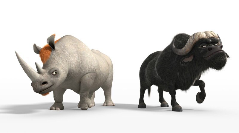 Das Nashorn Biggie und der Büffel Chino sind die Anführer ihrer jeweiligen Herde. Normalerweise treten sie gegeneinander an, doch nun müssen sie zusammen arbeiten. – Bild: Constantin Film Verleih GmbH