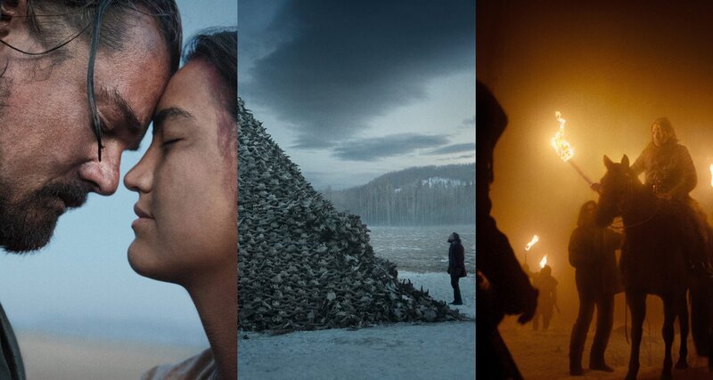 Das Grauen des Todes begleitet die Eroberung Nordamerikas durch europäische Einwanderer im 19. Jahrhundert. Links: Hugh Glass (Leonardo DiCaprio) in einem glücklichen Moment mit seiner Pawnee-Frau (Grace Dove) und vor den Resten eines Massakers (Mitte). Der Tod der Büffel entzieht den Ureinwohnern ihre Lebensgrundlage. Rechts: im Bild brandschatzende französische Jäger. – Bild: ZDF und Kimberlely French. Das Grauen des Todes begleitet die Eroberung Nordamerikas durch europäische Einwanderer im 19. Jahrhundert. Links: Hugh Glass (Leonardo DiCaprio) in einem glücklichen Moment mit seiner Pawnee-Frau (Grace Dove) und vor den Resten eines Massakers (Mitte). Der Tod der Büffel entzieht den Ureinwohnern ihre Lebensgrundlage. Rechts: im Bild brandschatzende französische Jäger. – Bild: ZDF und Kimberlely French.