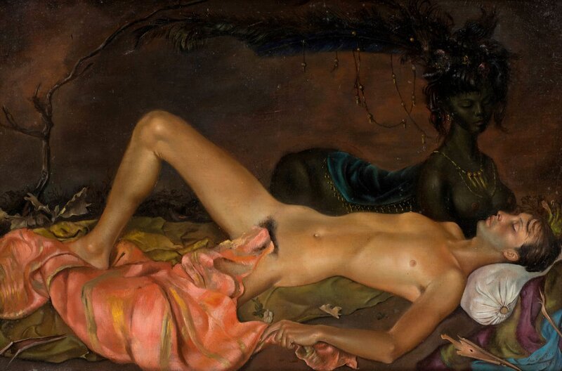Bei Leonor Fini zeigt sich die Umkehr der männlichen Perspektive: Sie malte immer wieder schlafende nackte Männer als Musen, über denen eine starke Frau oder Sphinx thront. – Bild: arte