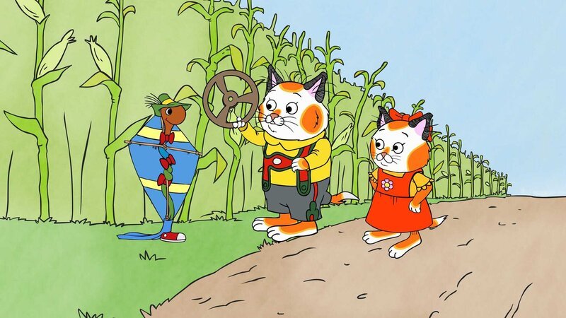Der Kater Huckle (2.v.re.) und seine Schwester Sally (1.v.re.) wohnen in Busytown, einer quirligen, geschäftigen Stadt, in der jeden Tag seltsame Dinge passieren. Doch Huckle und seine Freunde gehen ihnen immer auf den Grund und entdecken des Rätsels Lösung. – Bild: ZDF/​Cookie Jar Entertainment
