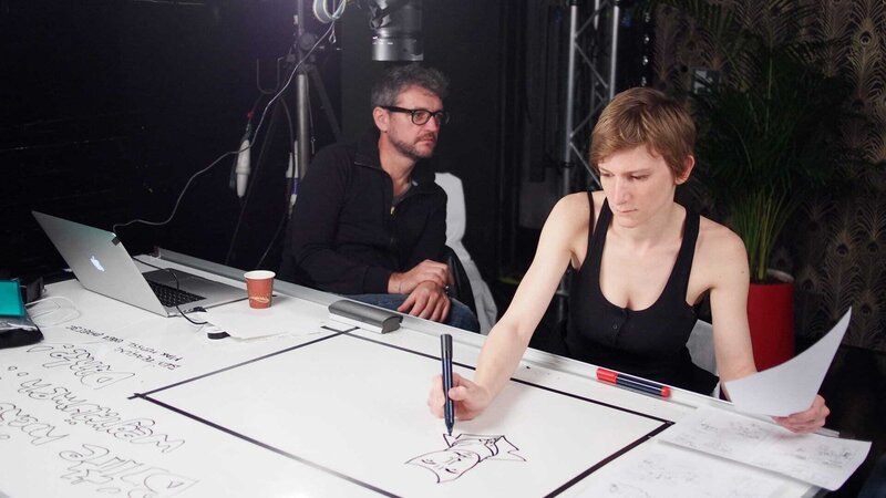 Unsere Illustratorin  Doris Lang ist dem Ohrwurm zeichnerisch auf der Spur. Elf Stunden lang hat sie dem vorgegebenen Text entsprechend gezeichnet, der Kameramann Max Meissl hat diese Zeichnung während der Entstehung pro Sekunden 1 Mal fotografiert: aus 7800 Einzelbildern sind die detailreichen, witzigen Illustrationen entstanden. – Bild: 3sat