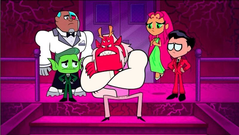 L-R: Cyborg, Beastboy, Trigon, Starfire, Robin – Bild: Warner Bros. All rights reserved.