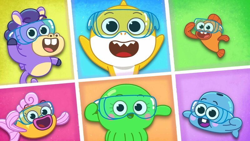 Oben, v.li.: Chucks, Baby Shark, William. Unten, v.li.: Goldie, Vola, Hank. – Bild: Paramount