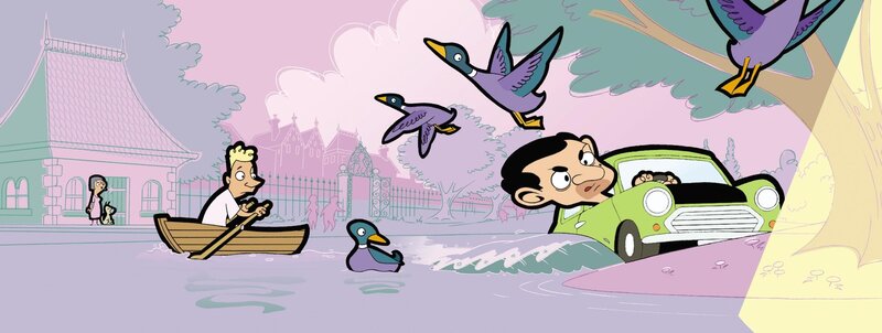 Typisch Mr. Bean! Er hat vergessen die Handbremse seines Minis zu ziehen und nun ist das Auto in den See gerollt. – Bild: Cartoonito