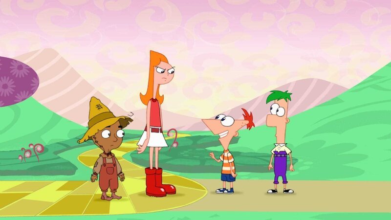 Candace (2.v.li.) ist in Spotz gelandet. Sie macht sich auf den Weg zum Zauberer von Spotz um ihre beiden Brüder Phineas (2.v.re.) und Ferb (re.) auffliegen zu lassen.. – Bild: Disney Channel