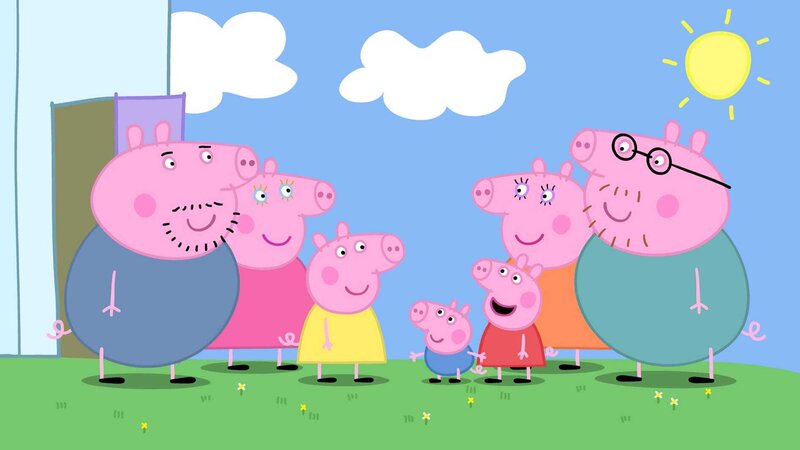 Peppa Wutz (5.v.li.) zusammen mit ihrer Familie. – Bild: WDR/​Astley Baker Davies Ltd. /​ Contender Group Ltd.