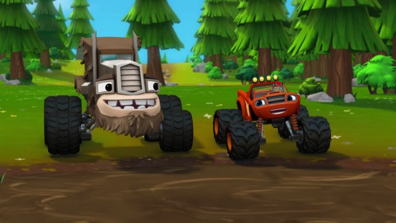 Die Monstertrucks veranstalten eine Matschparty. Auf der Suche nach ihrem Ball lernen Blaze und AJ (re.) ihren neuen Freund Schlammbart (li.) kennen, der im Wald lebt und Matsch über alles liebt. Blaze beschließt, ihn zur Matschparty mitzunehmen. – Bild: 2014 Viacom International Inc. All Rights Reserved. Nickelodeon, Blaze and the Monster Machines, and all related titles, logos, and characters are trademarks of Viacom International Inc. version courte : ©2014 Viacom International, Inc. All 