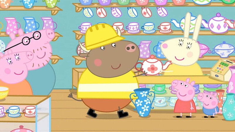 L-R: Mummy Pig, Daddy Pig, Mr. Bull, Miss Rabbit, Peppa Pig, George Pig – Bild: Paramount