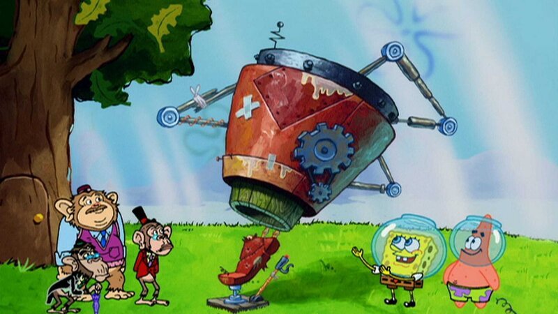 L-R: Lord Reginald, Dr. Marmalade, Professor Percy, SpongeBob, Patrick – Bild: ViacomCBS
