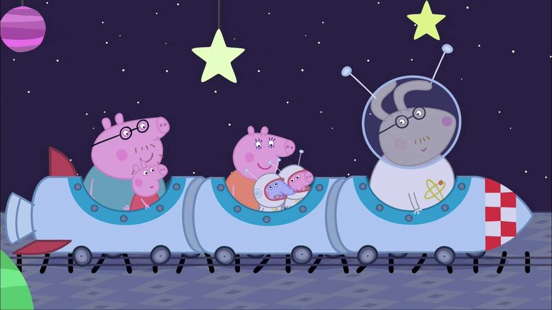 L-R: Daddy Pig, Peppa Pig, Mummy Pig, Edmond Elephant, George Pig, Mr. Rabbit – Bild: Paramount