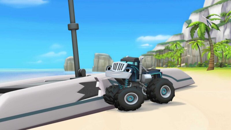 Ein Segelbootausflug bringt die Trucks in eine Notlage. Nachdem Crusher (im Bild) die anderen zu einem Wettrennen herausgefordert hat, bei dem alles schief ging, stranden sie auf einer einsamen Insel. – Bild: ViacomCBS