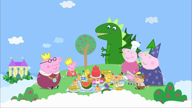 L-R: Daddy Pig, Peppa Pig, Granny Pig, George Pig, Pedro Pony, Grandpa Pig – Bild: Paramount