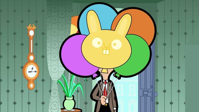 Ein neuer Trick muss her, um auf die Party zu gelangen. Mr. Bean versteckt sich hinter einigen Ballons, um nicht erkannt zu werden. – Bild: Boomerang (DE) /​ Tiger Aspect Productions 2014 Ltd