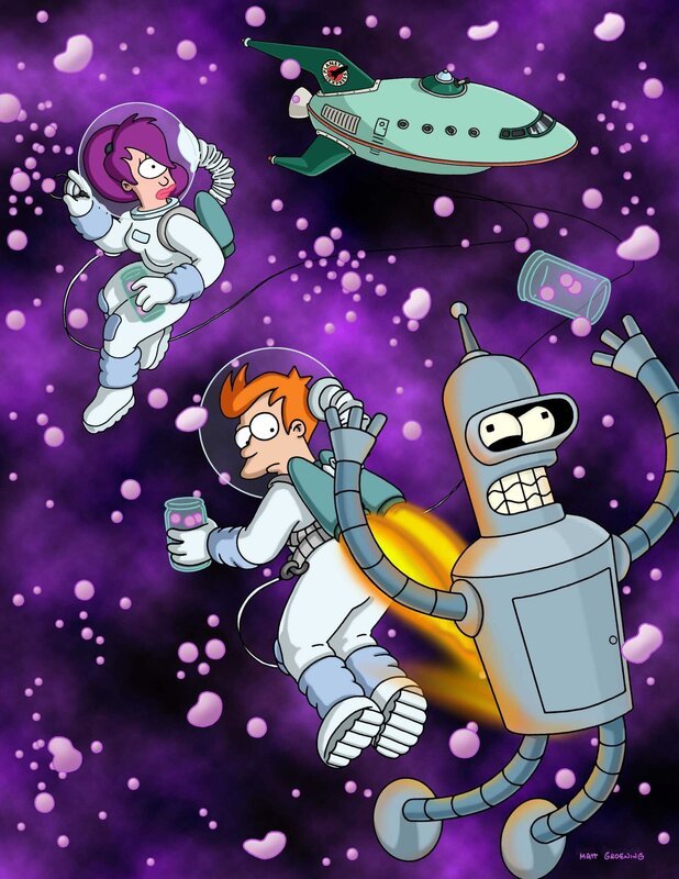 Mit seinen neuen Freunden Leela (l.) und Roboter Bender (r.) erkundet Fry (M.) den Weltraum. – Bild: 2001 Twentieth Century Fox Film Corporation. All rights reserved.