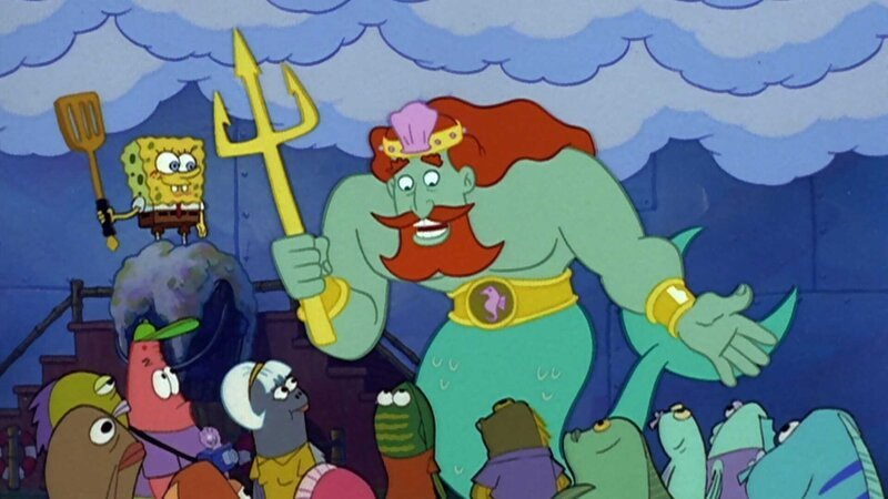 Hinter, l-r: SpongeBob, Patrick, King Neptune – Bild: ViacomCBS